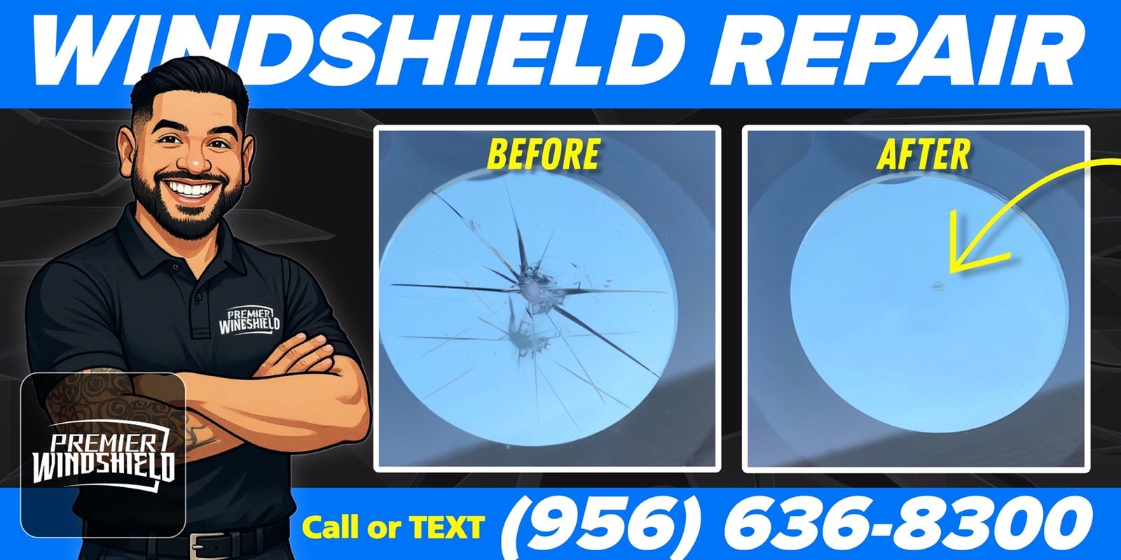 Before and after of a windshield rock chip repaired in McAllen, Texas
