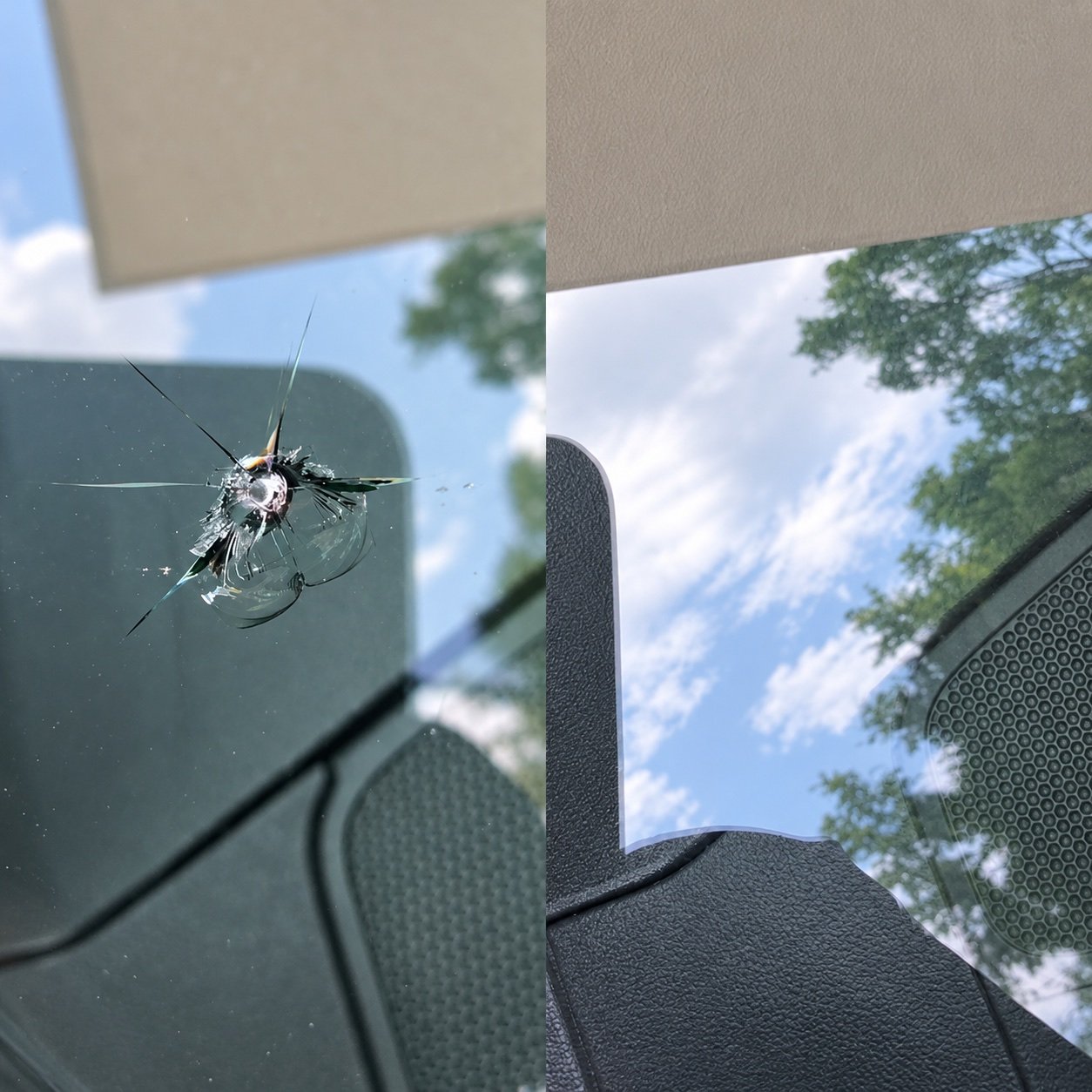 Windshield combination break before and after repair in Edinburg, Texas